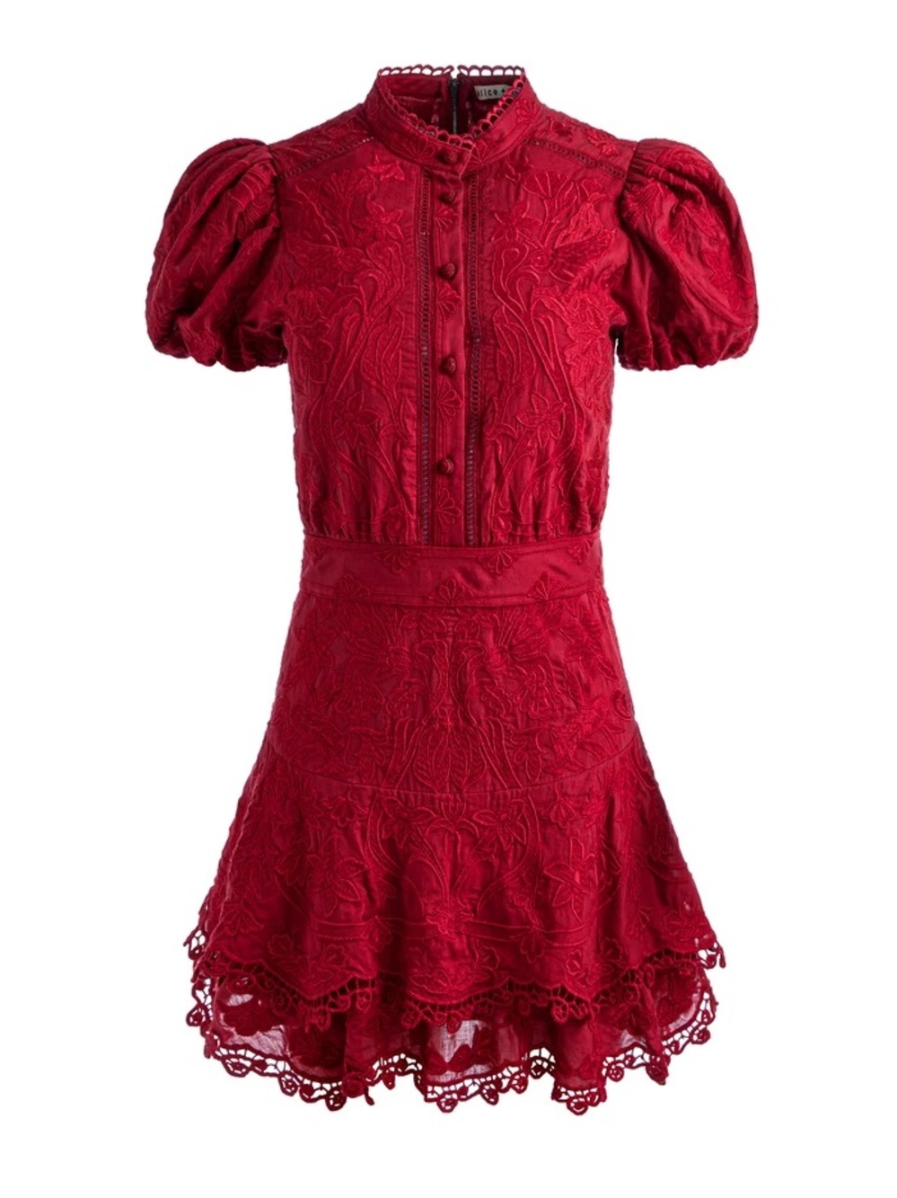 Alice + Olivia Red Lace Puff-Sleeve Mini Dress